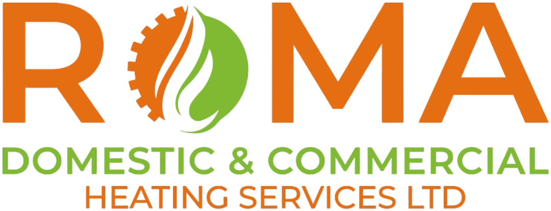 Logo of ROMA Domestic & Commercial Heating Services Ltd. The word 'ROMA' is written in large orange letters, with the 'O' stylized as a green gear and flame. Below, the text 'DOMESTIC & COMMERCIAL HEATING SERVICES LTD' is written in green and orange.