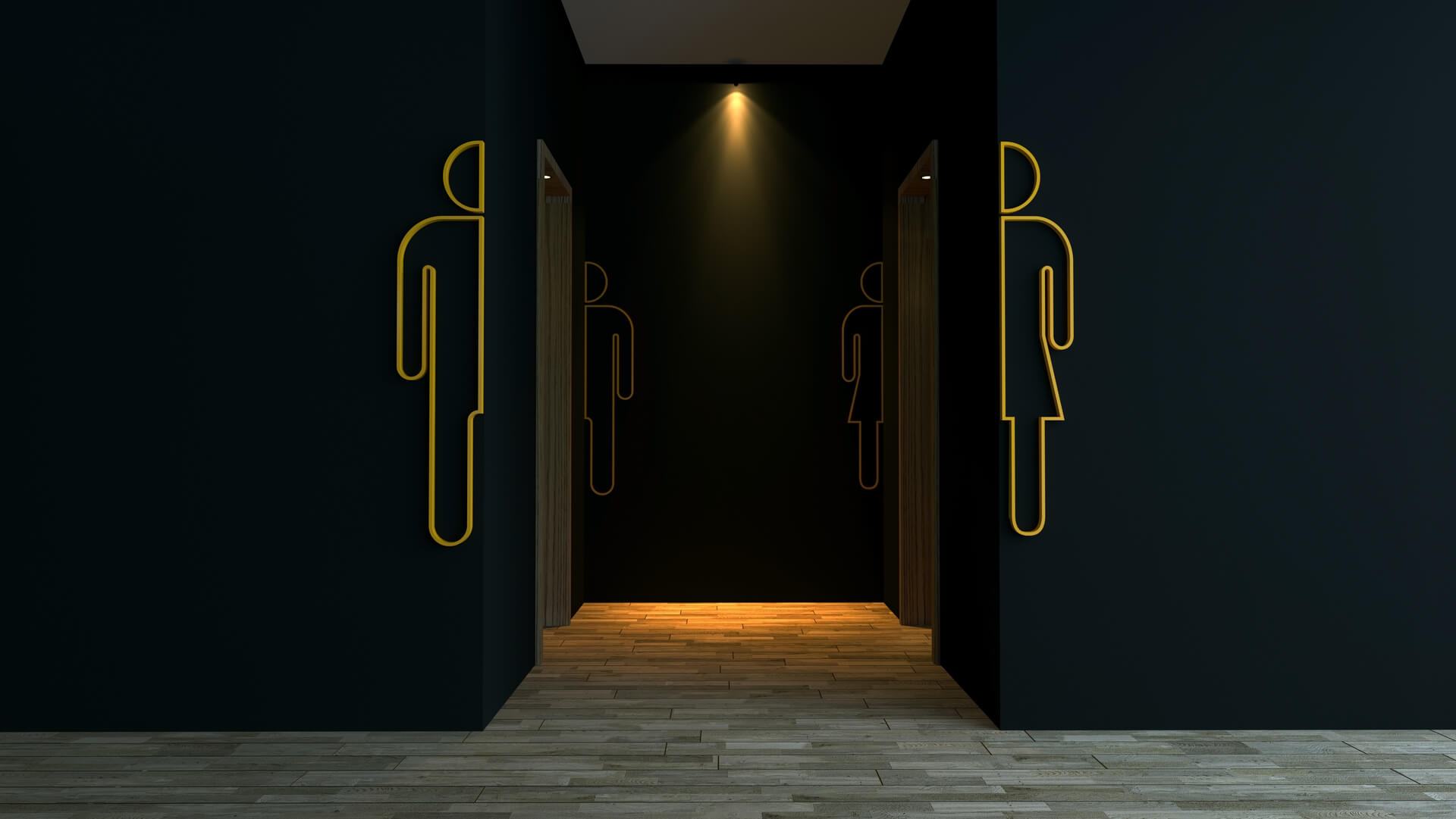 Modern public restroom entrance with minimalist male and female symbols in gold outline on dark walls, illuminated by warm lighting.